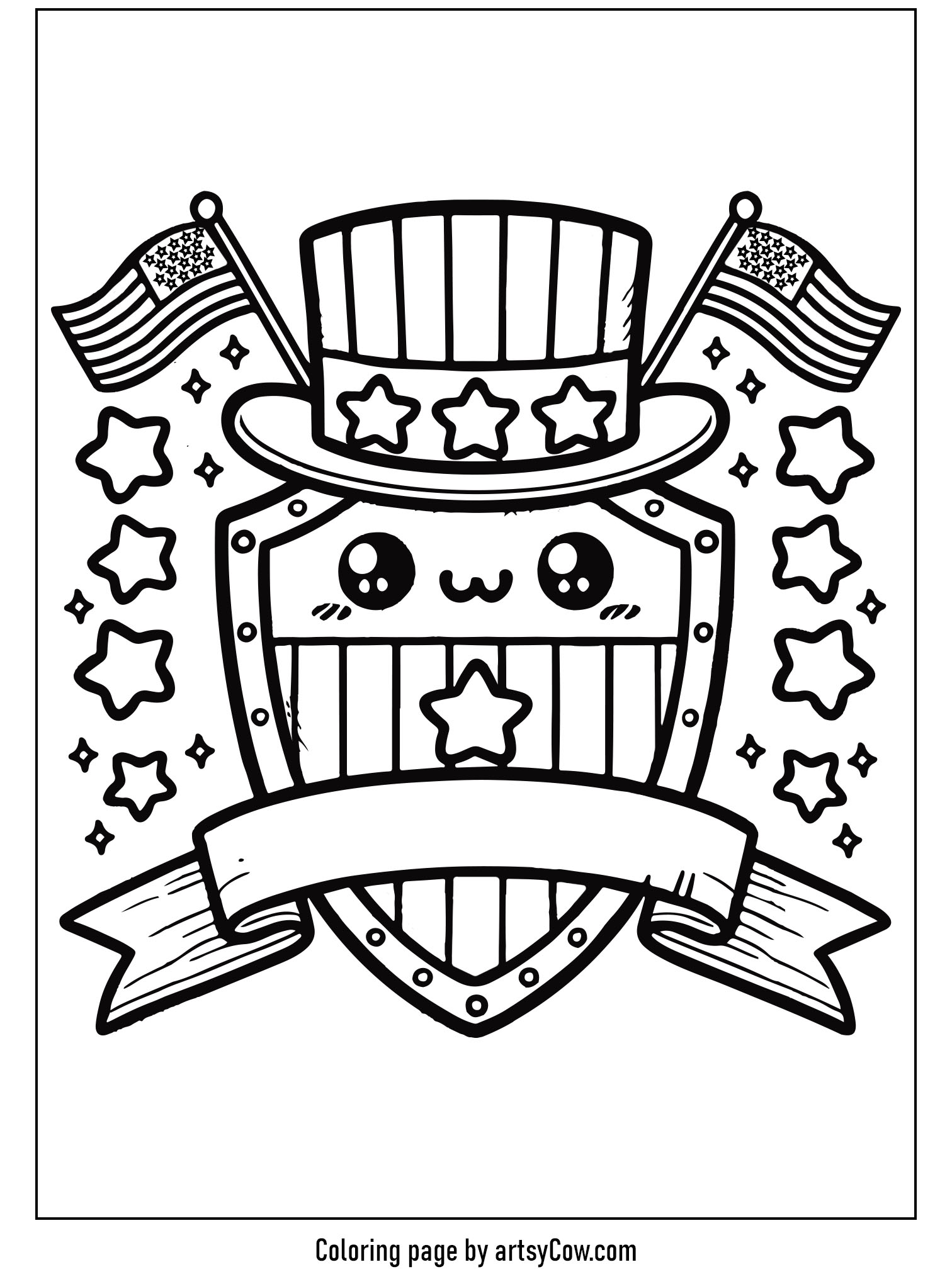 Presidents Day Coloring Pages featuring a cute patriotic shield adorned with a smiling face, stars, stripes, and mini flags, embodying a festive and fun design.
